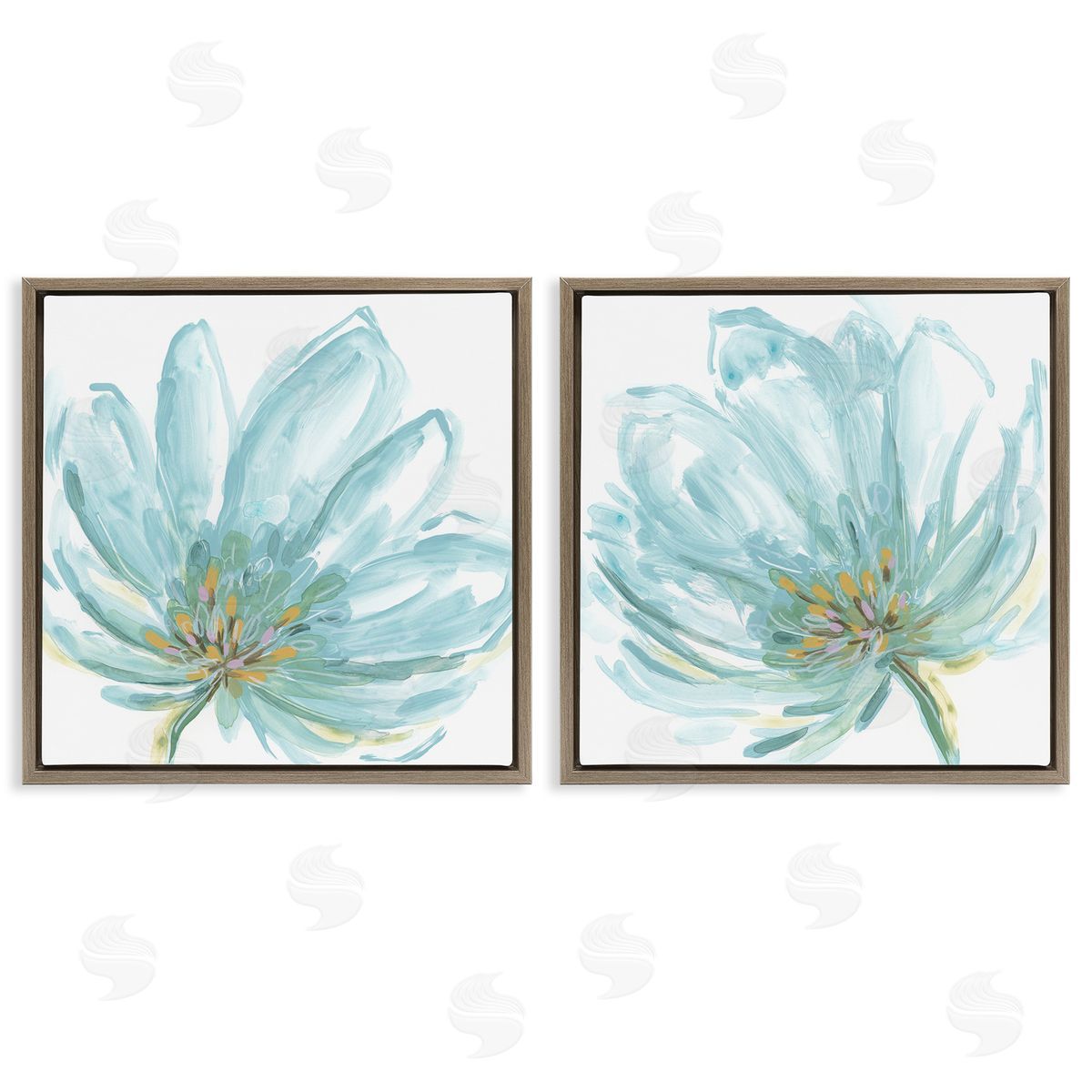 June Erica Vess Blue Blossoms on White Brown Floating Frame Canvas Wall Art Print