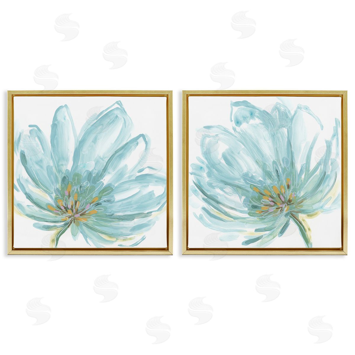 June Erica Vess Blue Blossoms on White Gold Floating Frame Canvas Wall Art Print