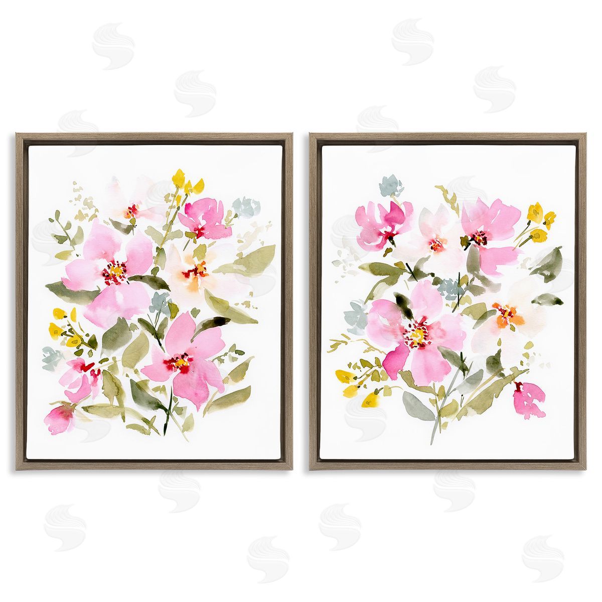 Victoria Barnes Pink Scattered Blooms Brown Floating Frame Canvas Wall Art Print