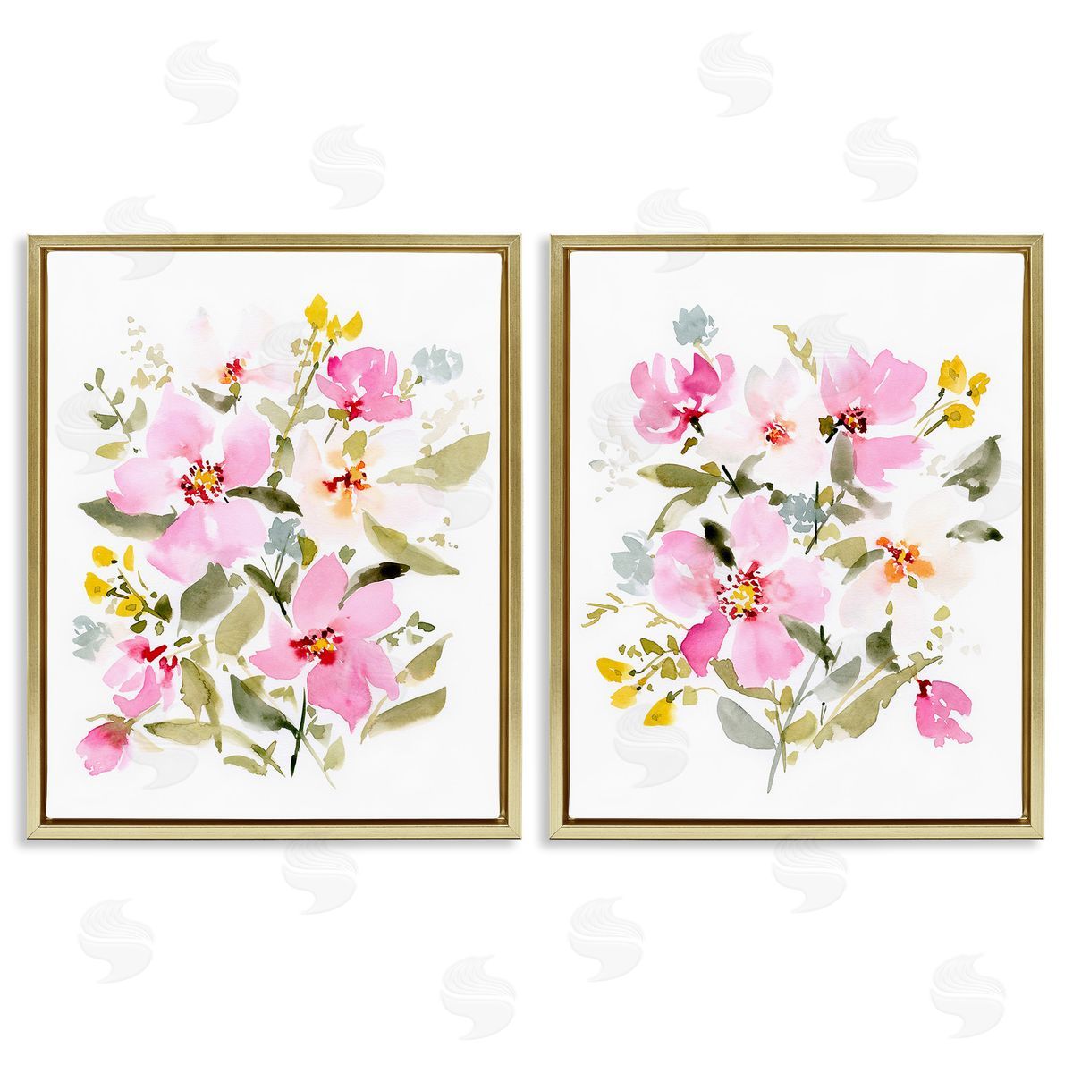 Victoria Barnes Pink Scattered Blooms Gold Floating Frame Canvas Wall Art Print
