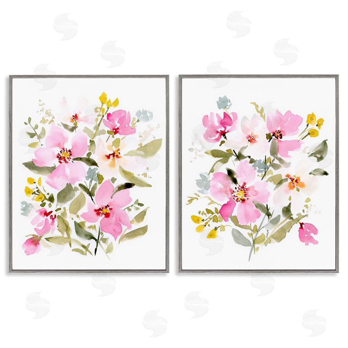 Victoria Barnes Pink Scattered Blooms Gray Framed Giclee Wall Art Print