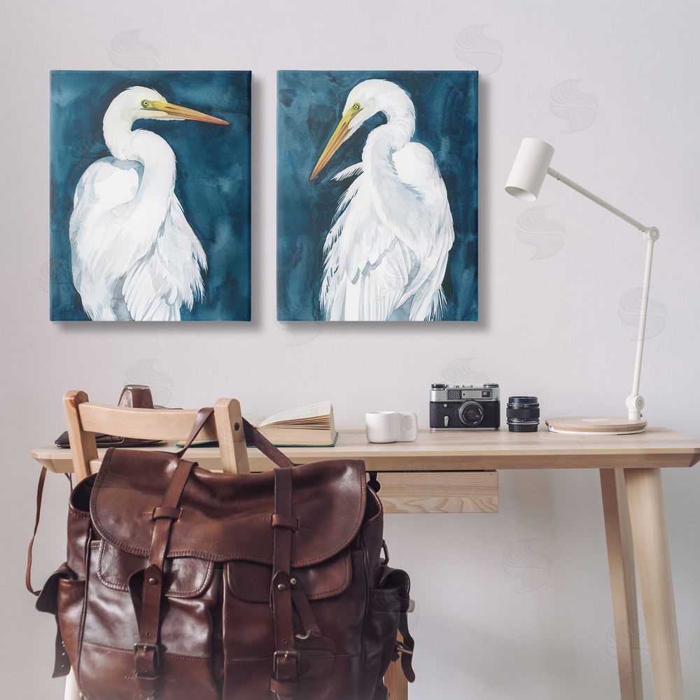 Grace Popp Elegant Egrets on Blue Canvas Wall Art Print in Room