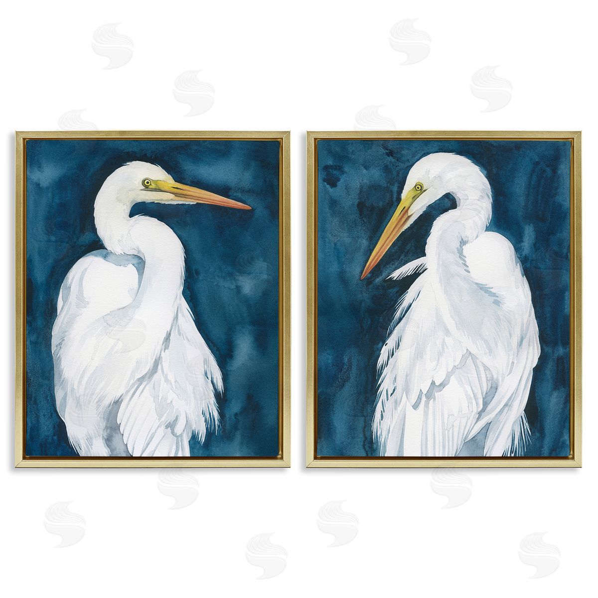 Grace Popp Elegant Egrets on Blue Gold Floating Frame Canvas Wall Art Print