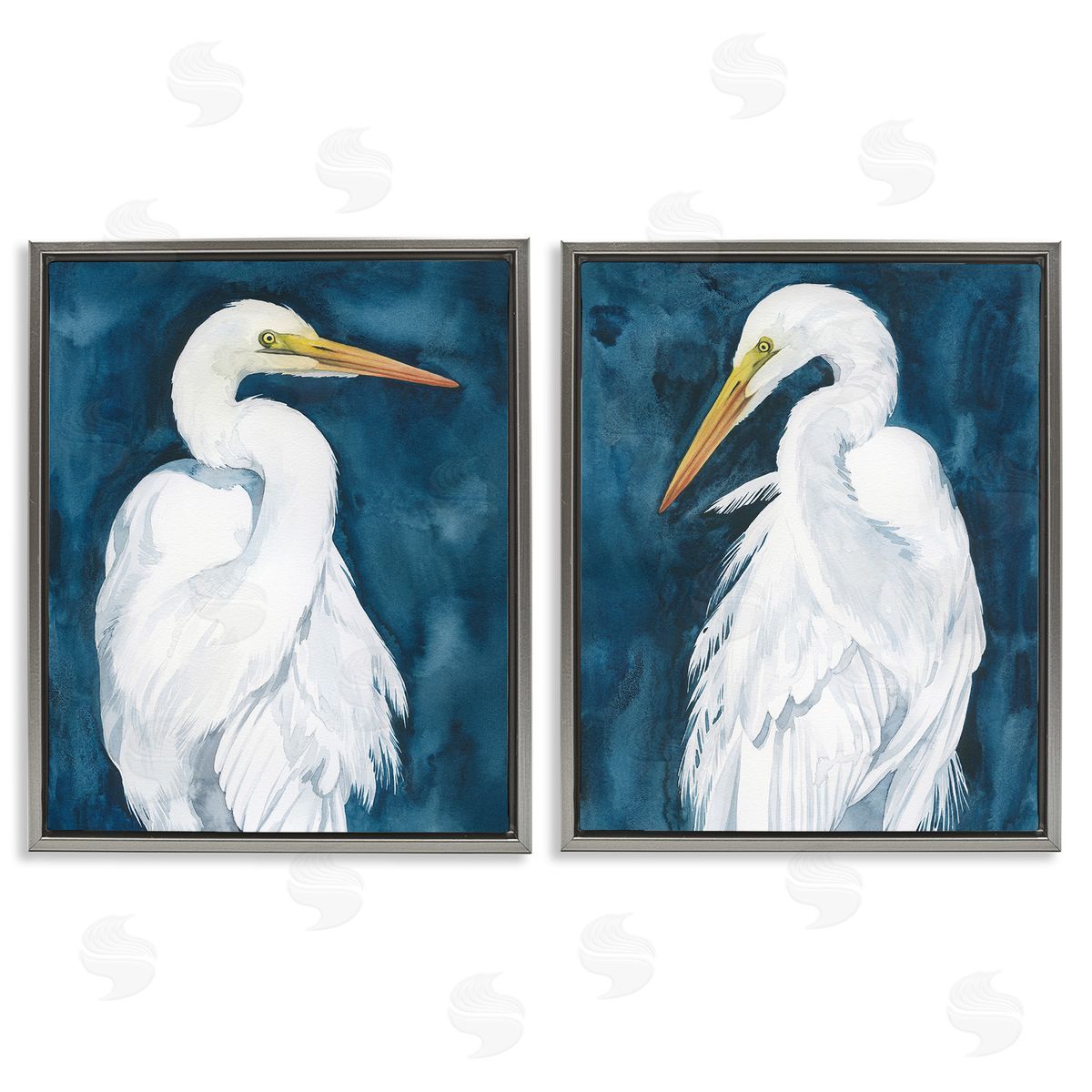 Grace Popp Elegant Egrets on Blue Gray Floating Frame Canvas Wall Art Print