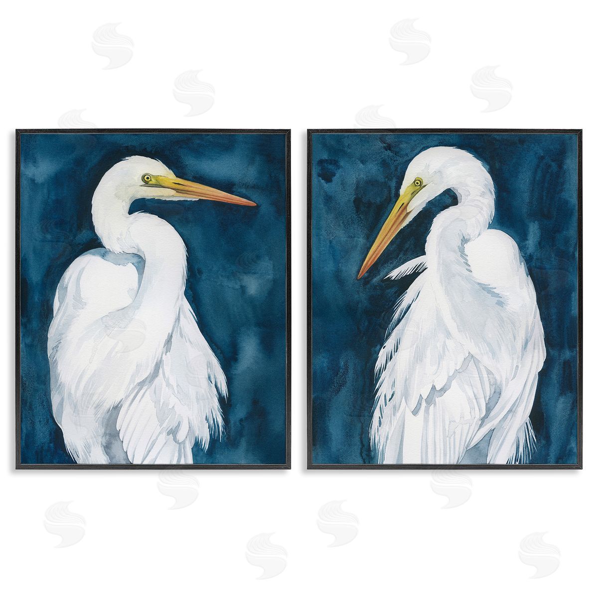 Grace Popp Elegant Egrets on Blue Black Framed Giclee Wall Art Print