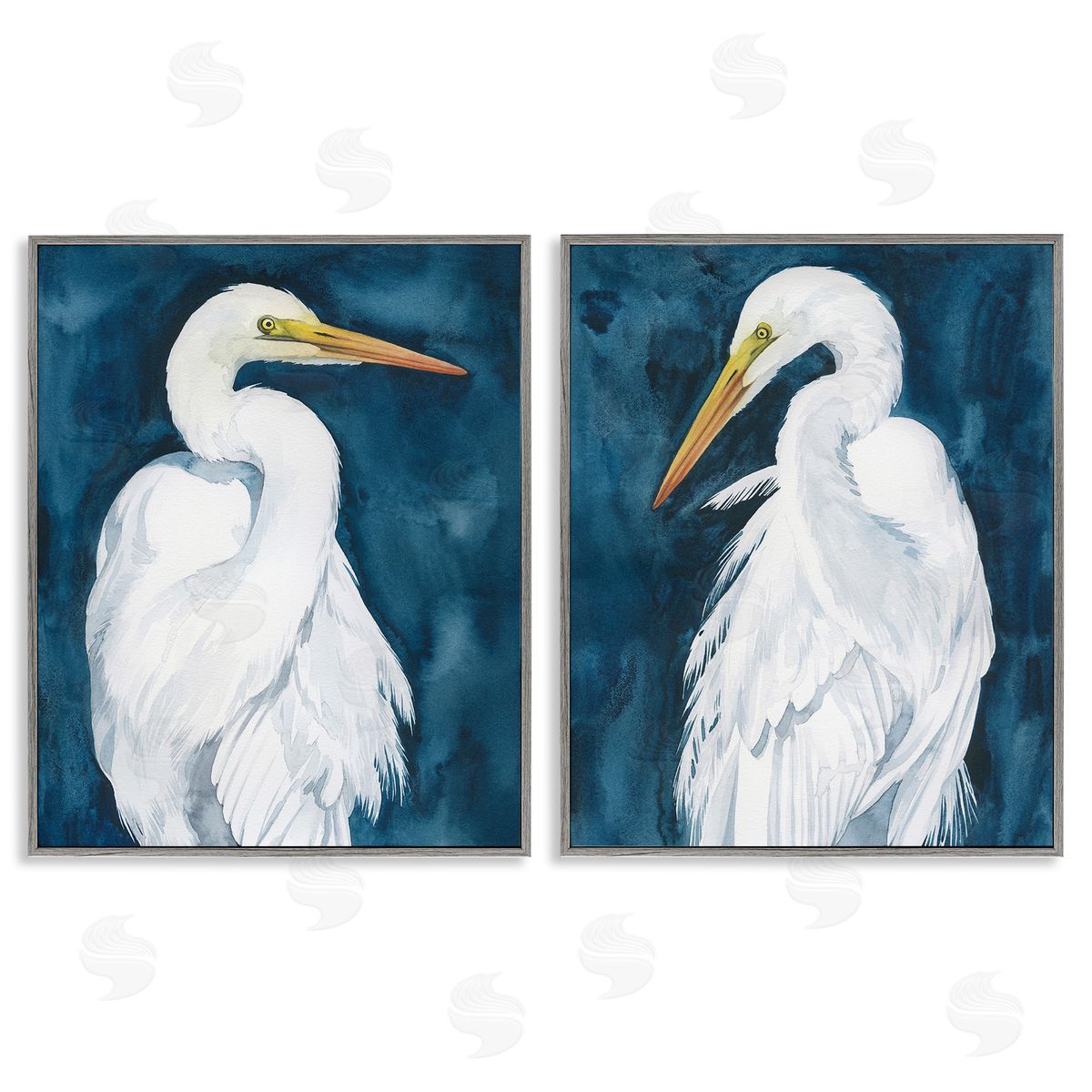 Grace Popp Elegant Egrets on Blue Gray Framed Giclee Wall Art Print