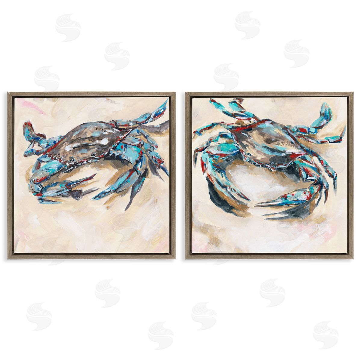 Melissa Wang Blue Crabs on Sand Brown Floating Frame Canvas Wall Art Print