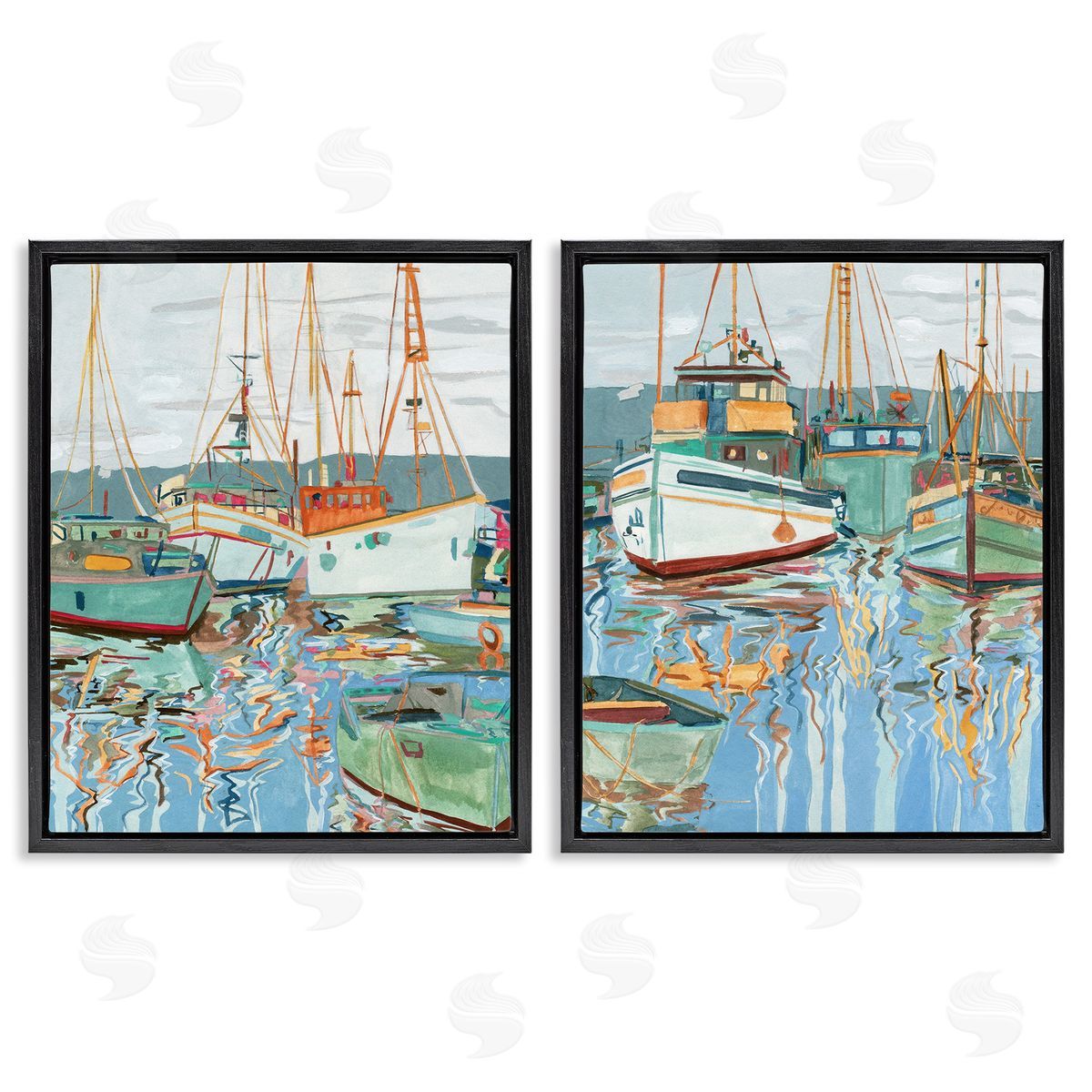 Melissa Wang Marina Ships Reflection Black Floating Frame Canvas Wall Art Print