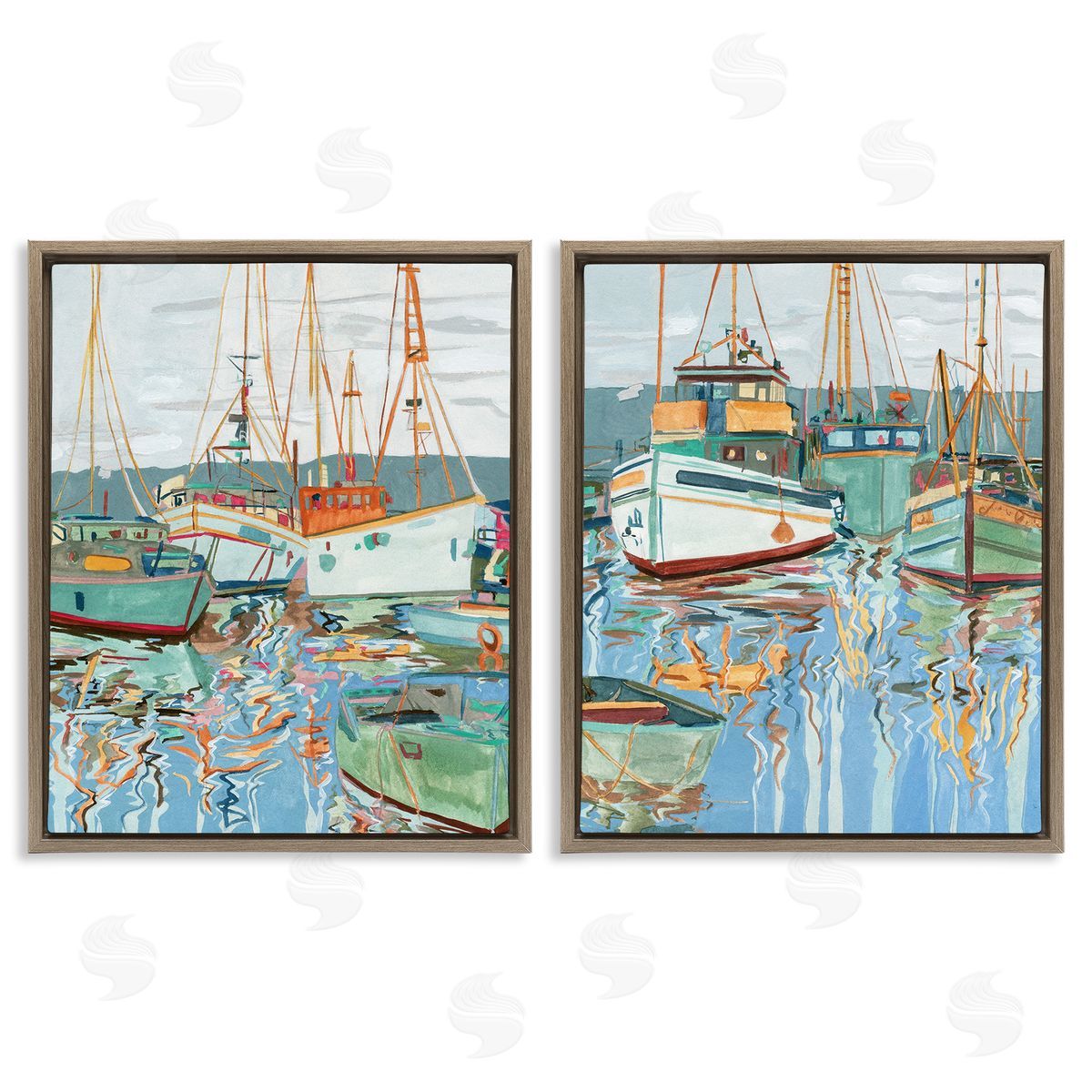 Melissa Wang Marina Ships Reflection Brown Floating Frame Canvas Wall Art Print