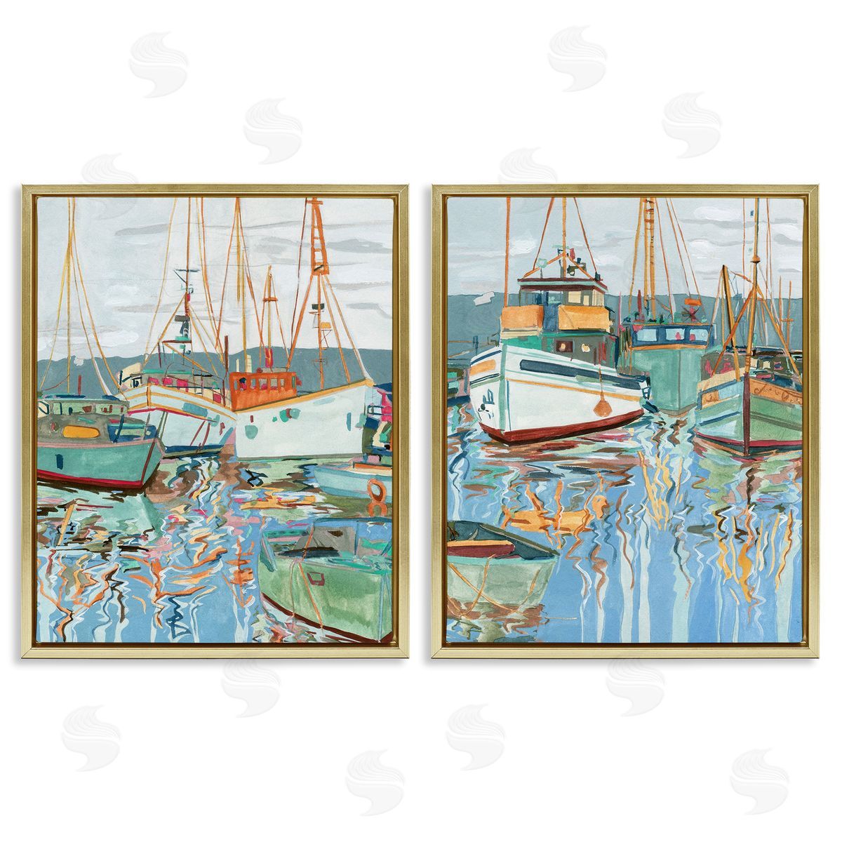 Melissa Wang Marina Ships Reflection Gold Floating Frame Canvas Wall Art Print