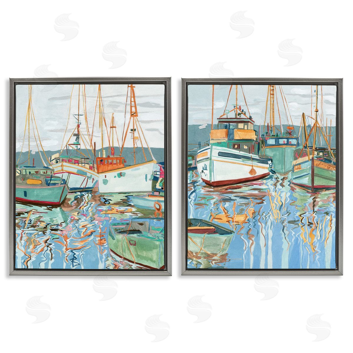 Melissa Wang Marina Ships Reflection Gray Floating Frame Canvas Wall Art Print
