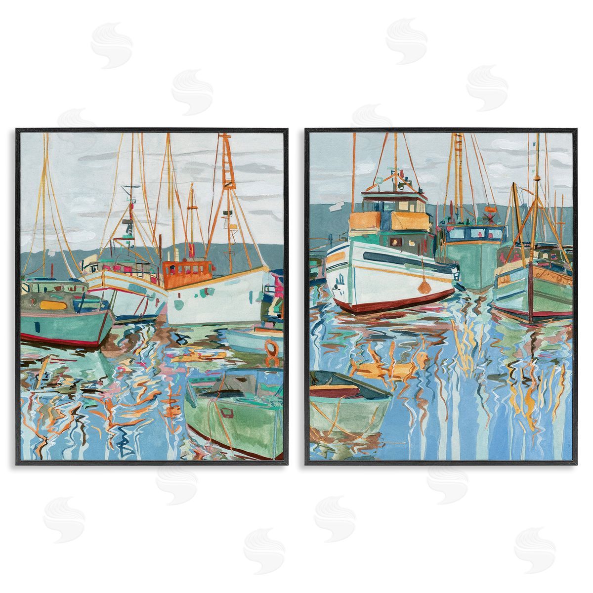 Melissa Wang Marina Ships Reflection Black Framed Giclee Wall Art Print