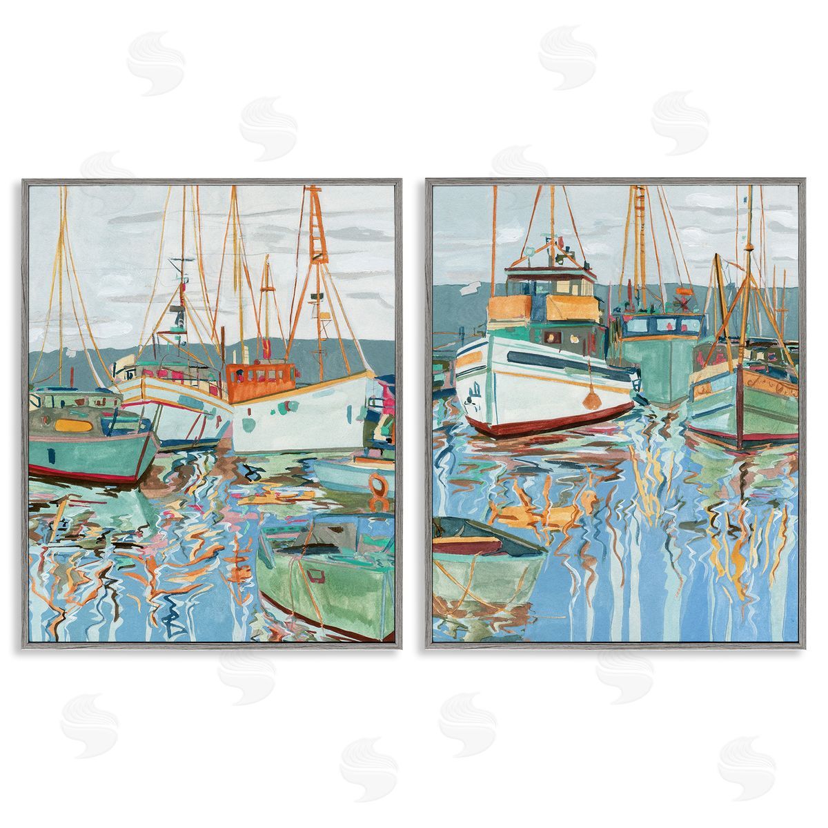 Melissa Wang Marina Ships Reflection Gray Framed Giclee Wall Art Print