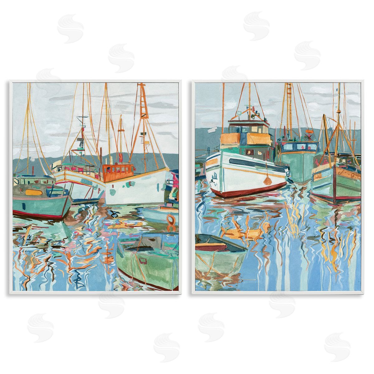 Melissa Wang Marina Ships Reflection White Framed Giclee Wall Art Print