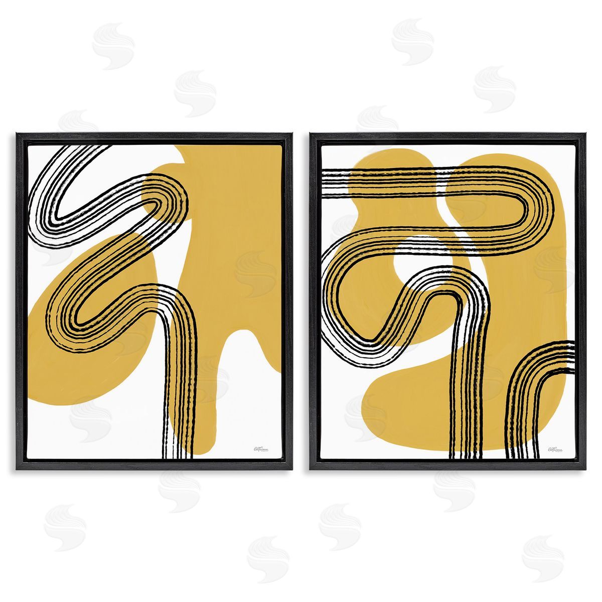 Cat Thurman Designs Wavy Lines Over Shapes Black Floating Frame Canvas Wall Art Print