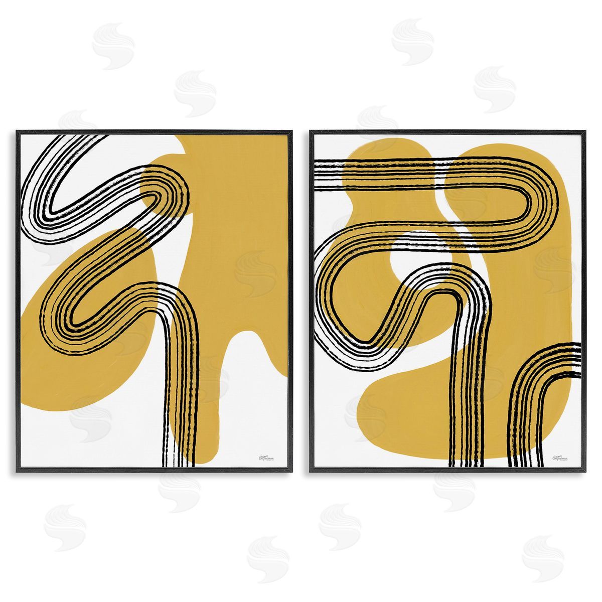 Cat Thurman Designs Wavy Lines Over Shapes Black Framed Giclee Wall Art Print