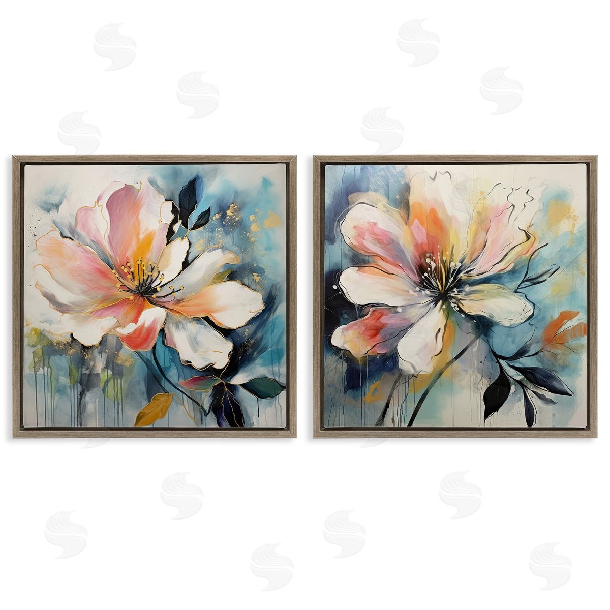 Lazar Studio Modern Dripping Blooms Brown Floating Frame Canvas Wall Art Print