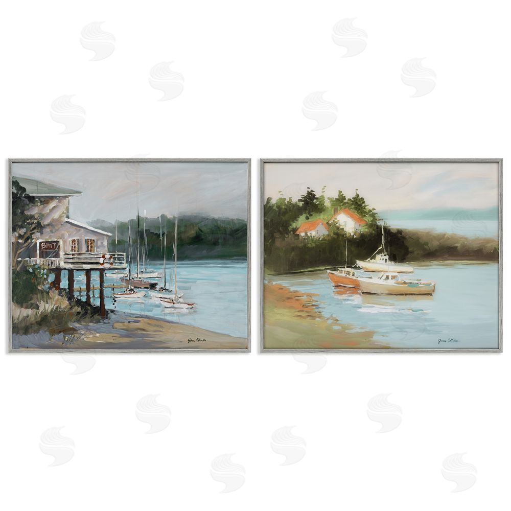 Jane Slivka Boat Lakeshore Landscape Gray Framed Giclee Wall Art Print