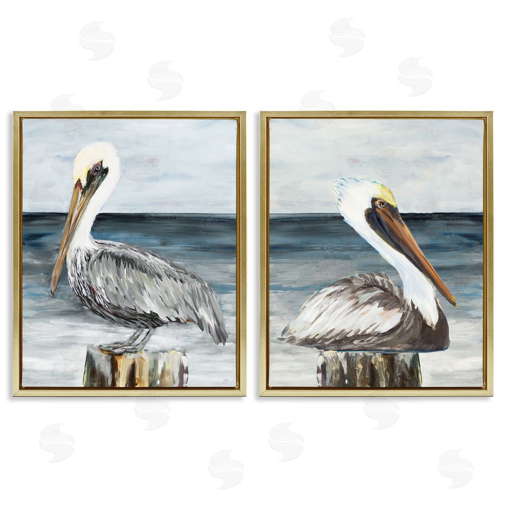 Julie DeRice Beachfront Pelican Log Gold Floating Frame Canvas Wall Art Print