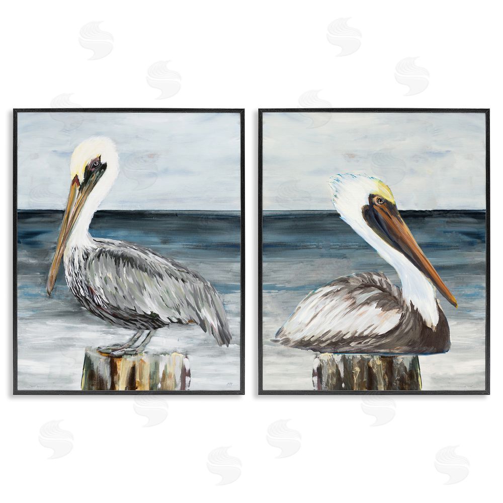 Julie DeRice Beachfront Pelican Log Black Framed Giclee Wall Art Print