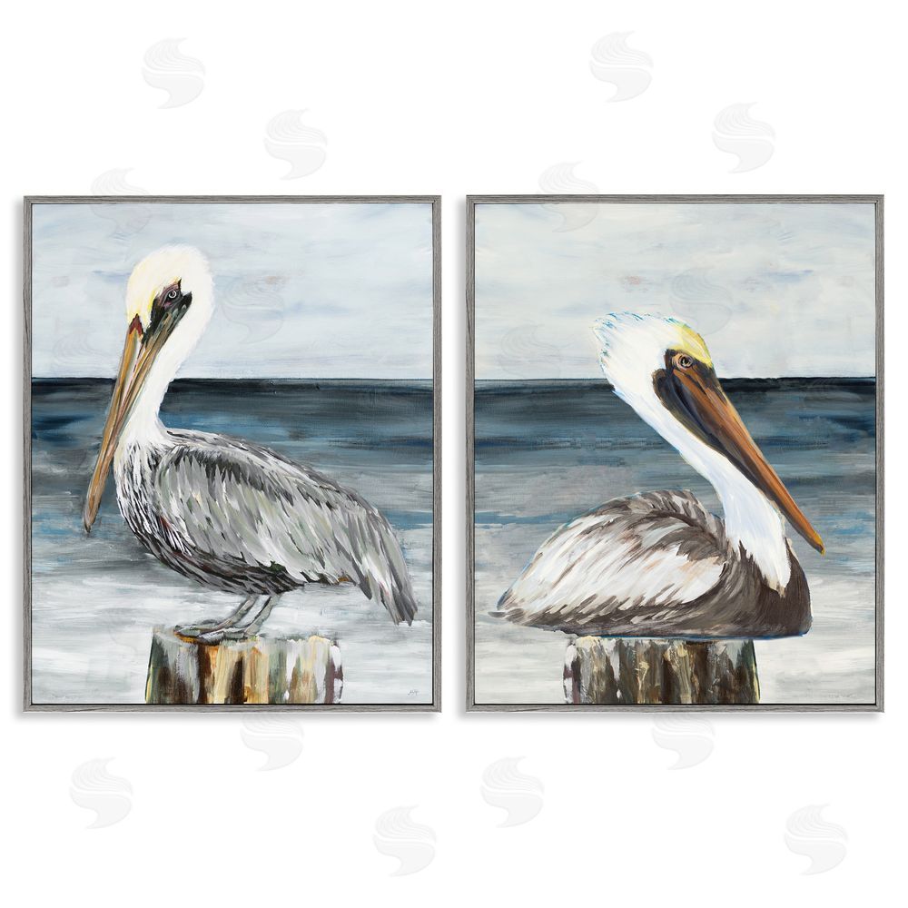 Julie DeRice Beachfront Pelican Log Gray Framed Giclee Wall Art Print