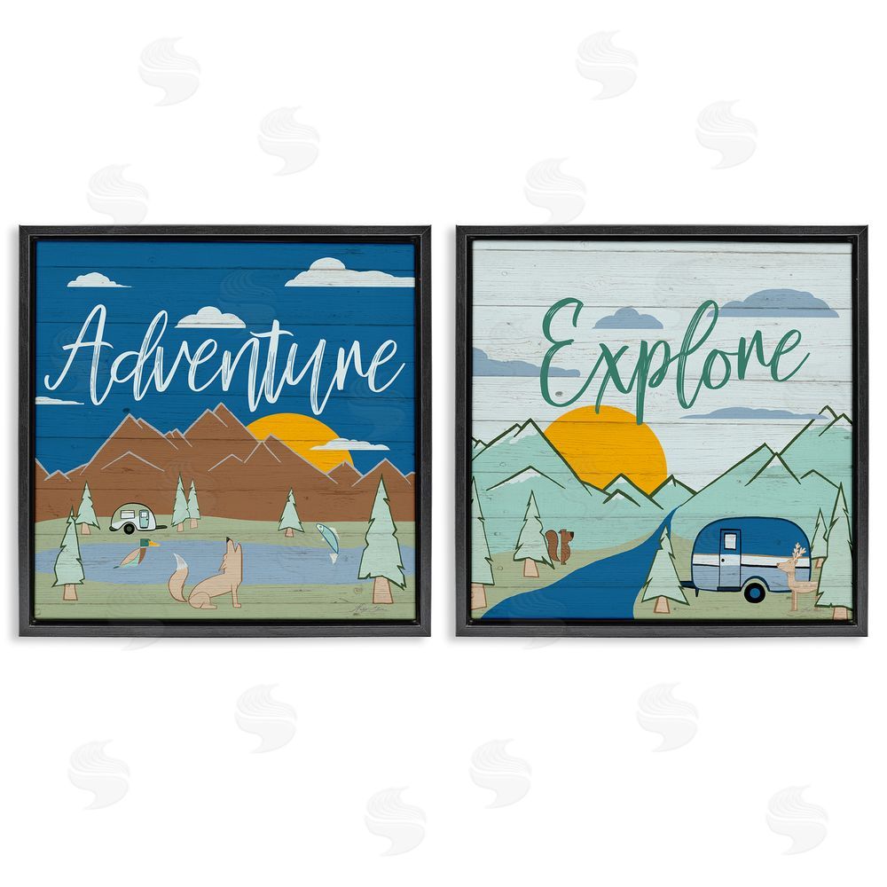 Hugo Edwins Adventure Explore Camping Black Floating Frame Canvas Wall Art Print