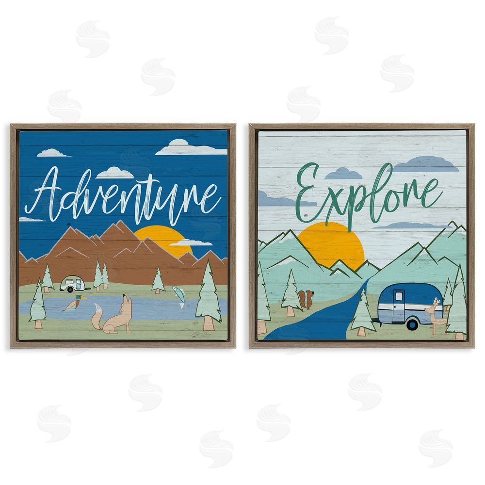 Hugo Edwins Adventure Explore Camping Brown Floating Frame Canvas Wall Art Print
