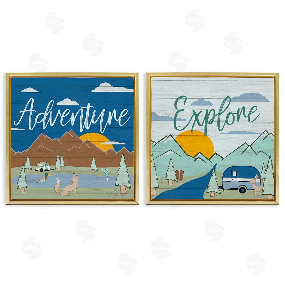 Hugo Edwins Adventure Explore Camping Gold Floating Frame Canvas Wall Art Print