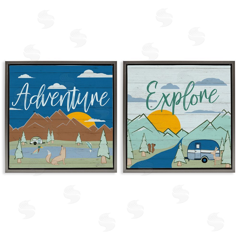Hugo Edwins Adventure Explore Camping Gray Floating Frame Canvas Wall Art Print