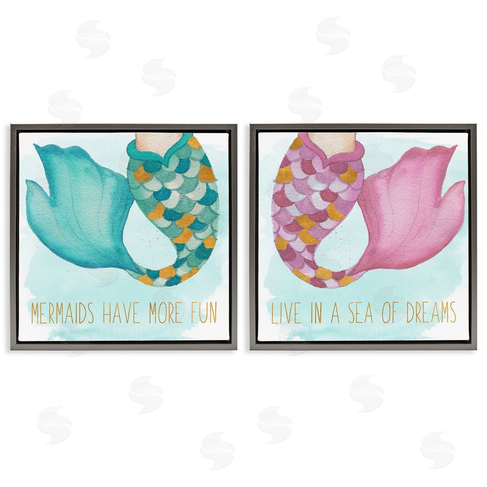 Elizabeth Medley Fun Mermaid Tails Gray Floating Frame Canvas Wall Art Print