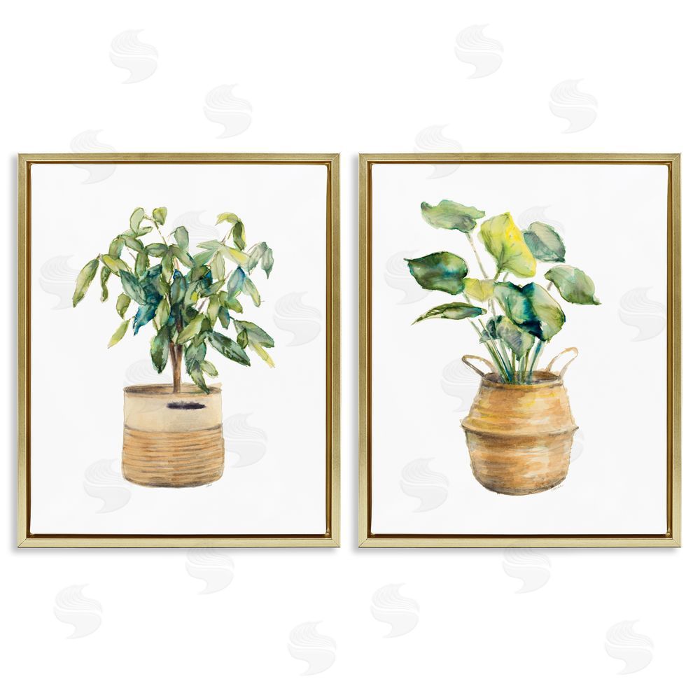 Lanie Loreth Lush Houseplants in Wicker Pots Gold Floating Frame Canvas Wall Art Print