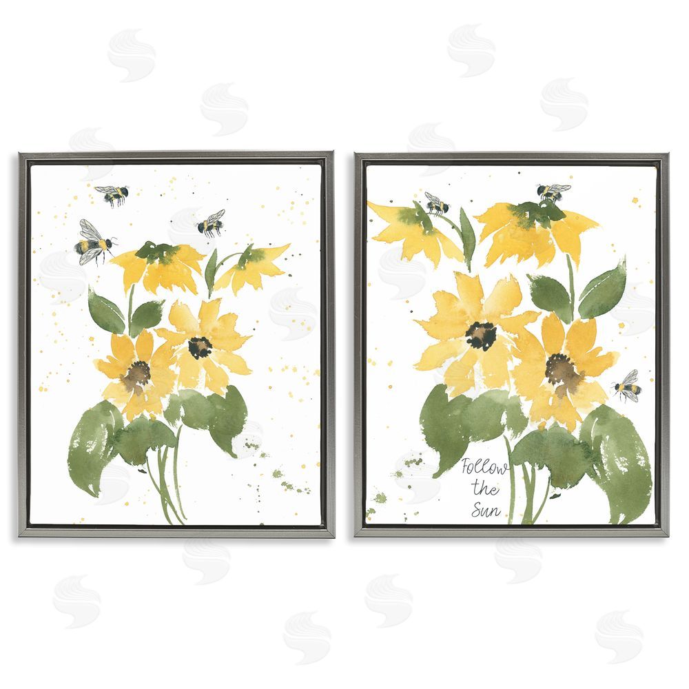 Lucille Price Follow the Sun Flowers  Gray Floating Frame Canvas Wall Art Print