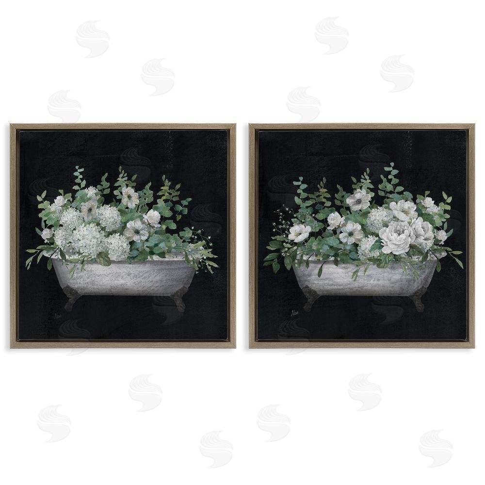 Nan Filled White Floral Soaking Tub Brown Floating Frame Canvas Wall Art Print