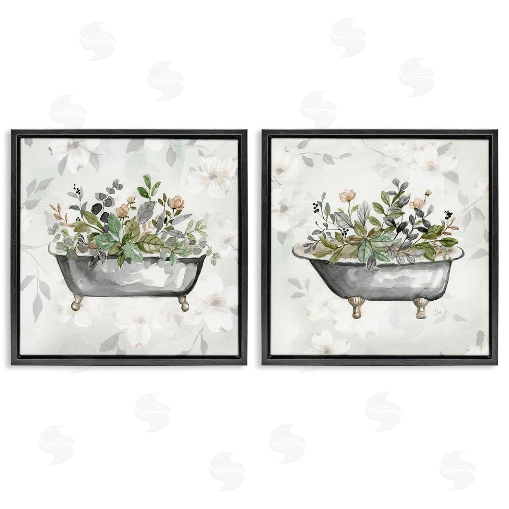 Nan Gray Muted Watercolor Flower Tub Black Floating Frame Canvas Wall Art Print