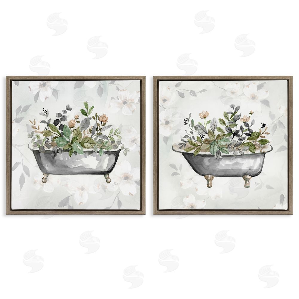 Nan Gray Muted Watercolor Flower Tub Brown Floating Frame Canvas Wall Art Print