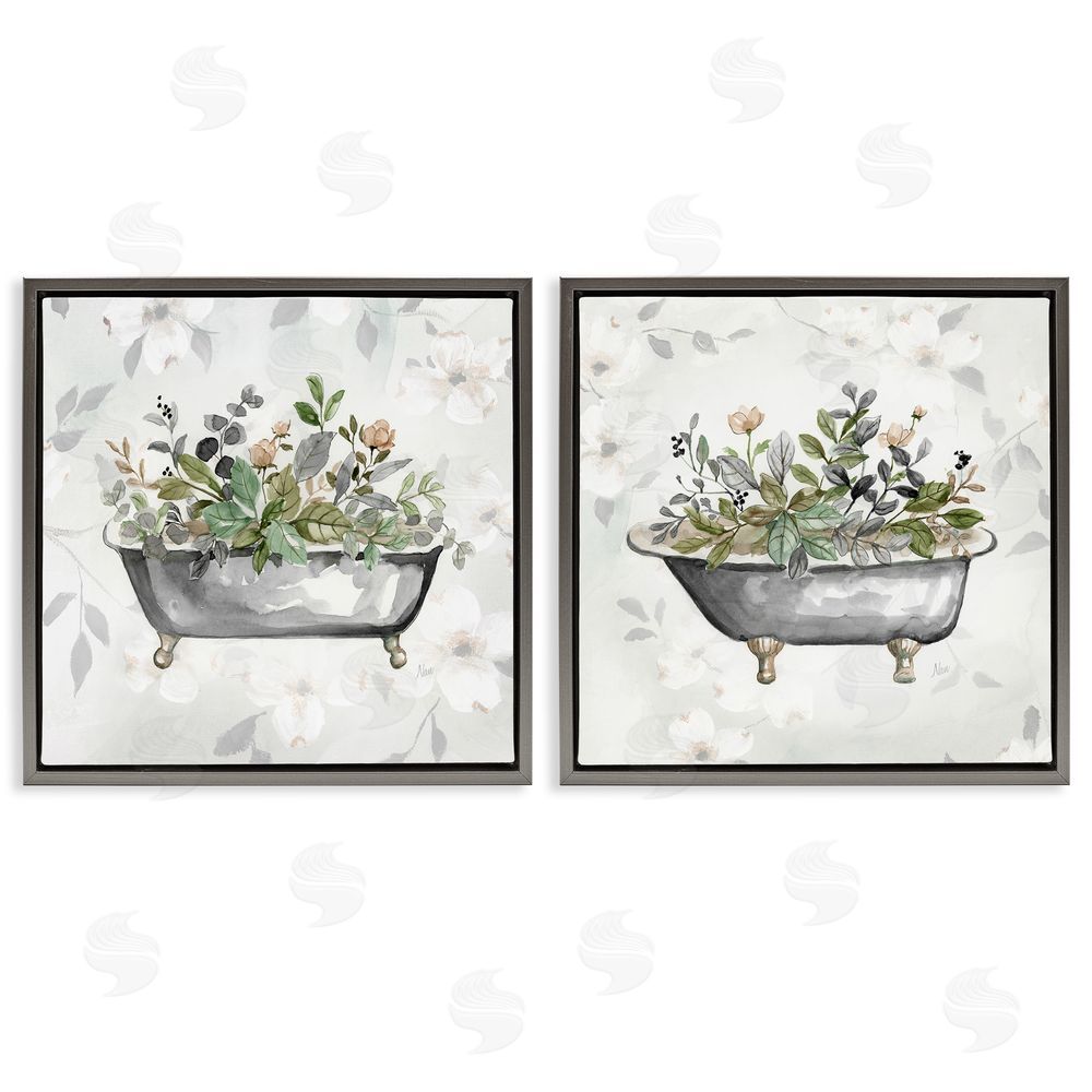 Nan Gray Muted Watercolor Flower Tub Gray Floating Frame Canvas Wall Art Print