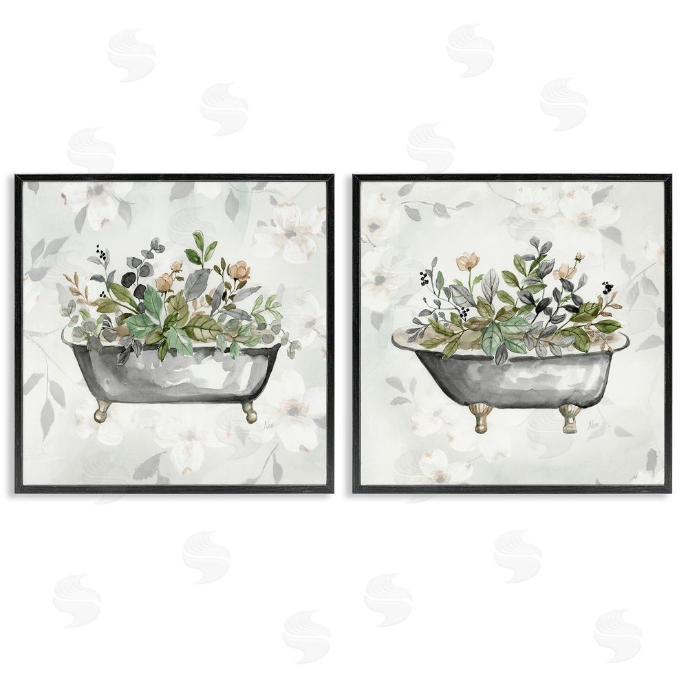 Nan Gray Muted Watercolor Flower Tub Black Framed Giclee Wall Art Print
