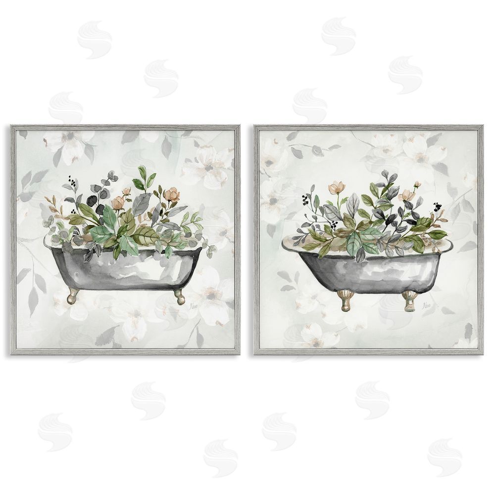 Nan Gray Muted Watercolor Flower Tub Gray Framed Giclee Wall Art Print