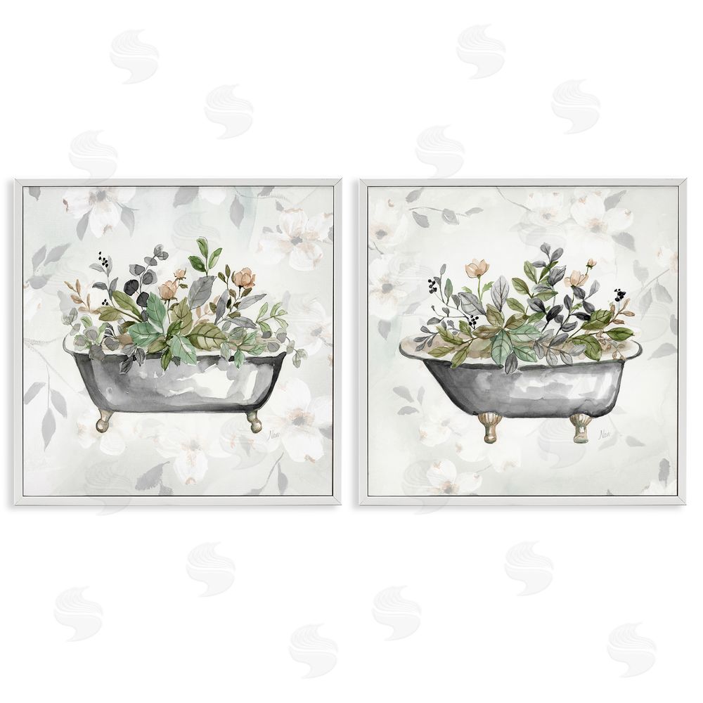 Nan Gray Muted Watercolor Flower Tub White Framed Giclee Wall Art Print