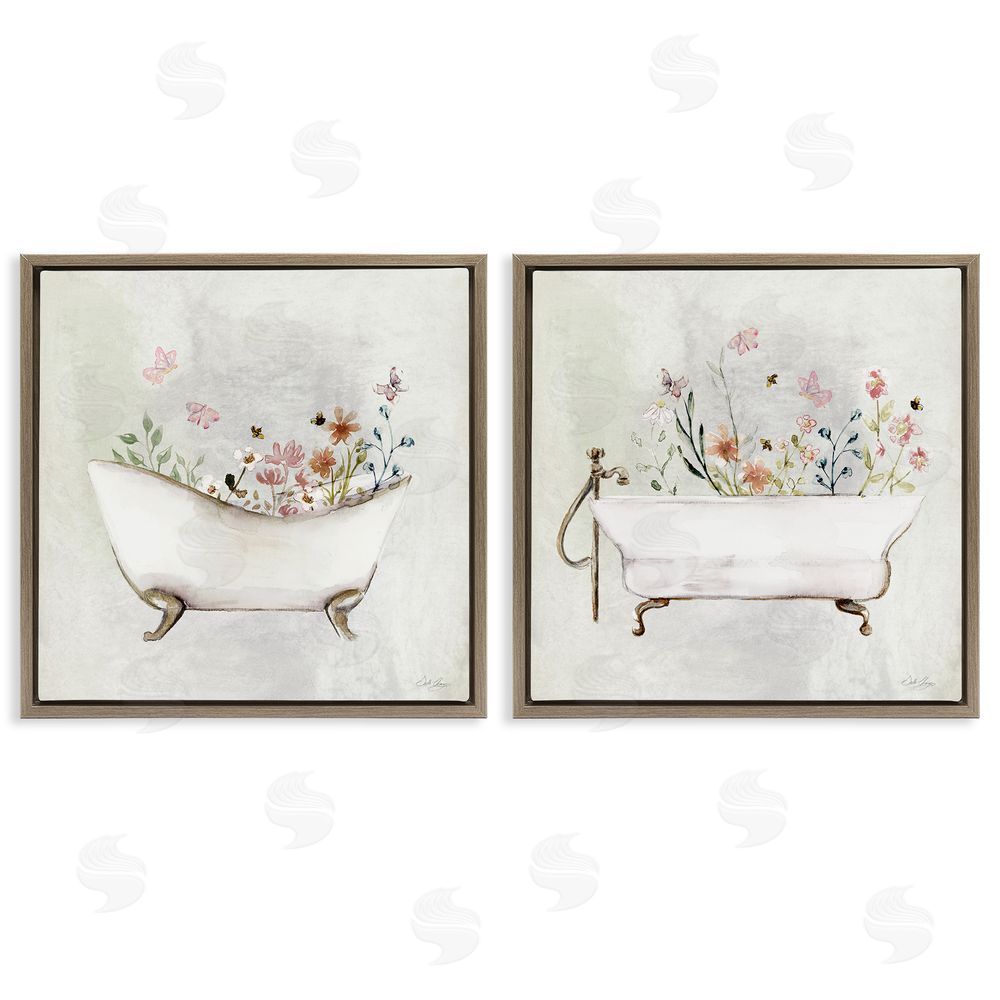 Stella Chang Clawfoot Flower Garden Bees Brown Floating Frame Canvas Wall Art Print