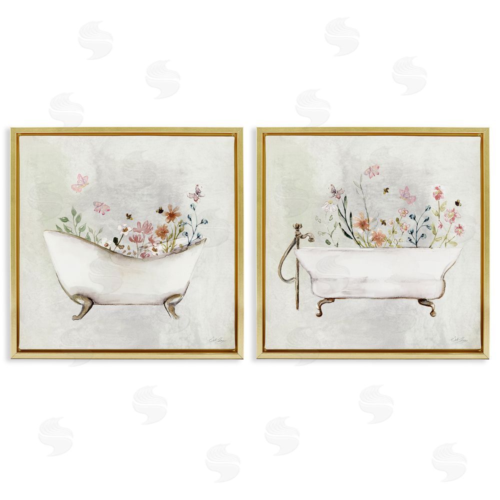 Stella Chang Clawfoot Flower Garden Bees Gold Floating Frame Canvas Wall Art Print