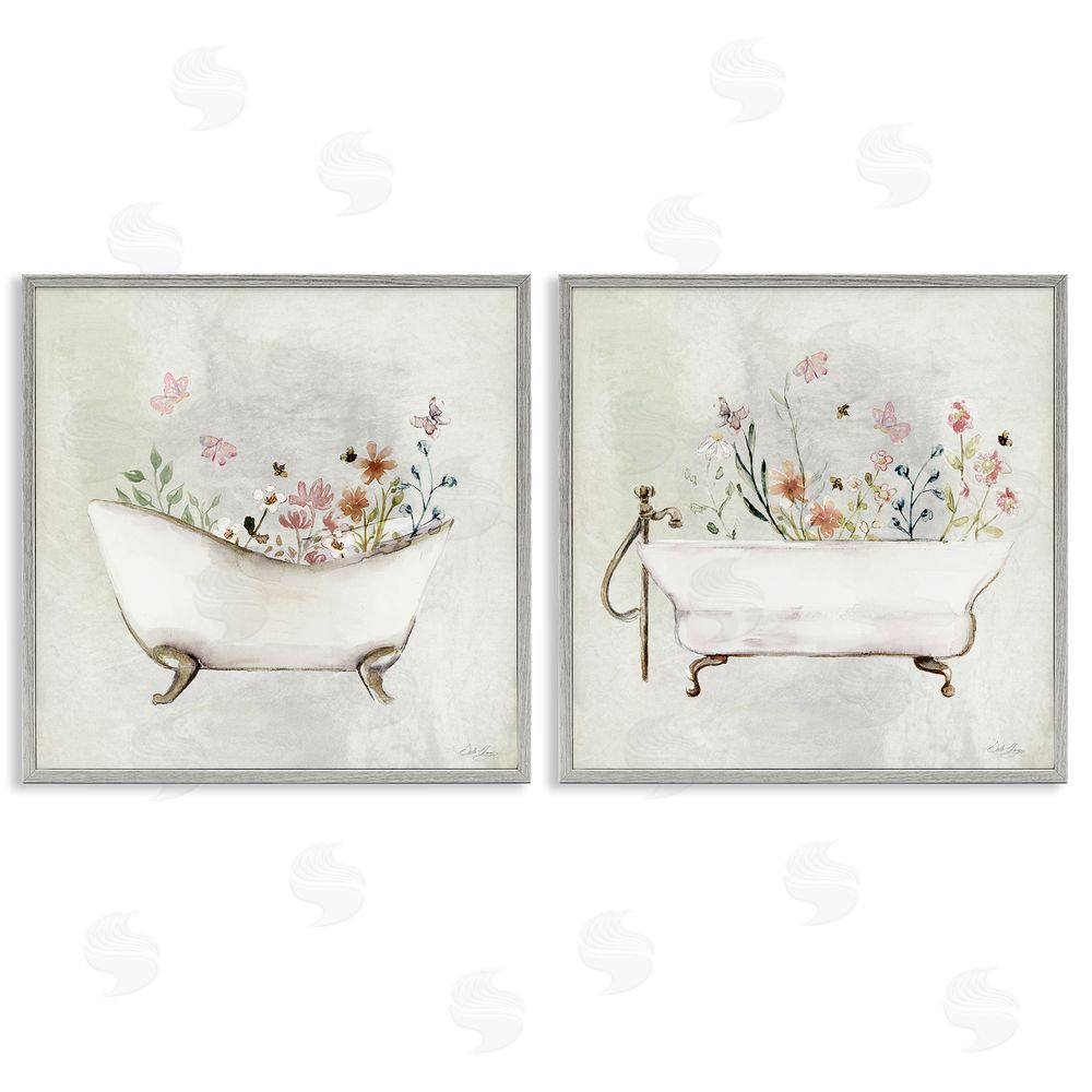 Stella Chang Clawfoot Flower Garden Bees Gray Framed Giclee Wall Art Print