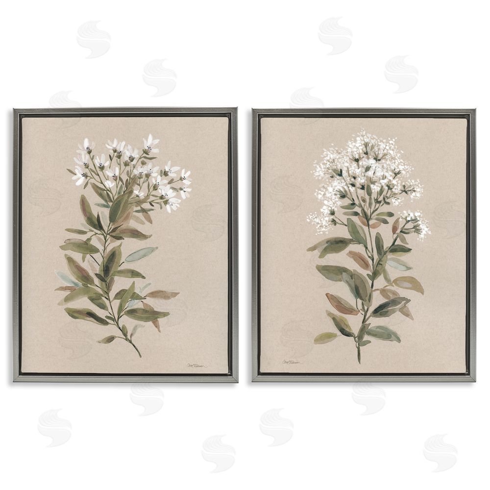 Carol Robinson Lovely White Floral Stem Gray Floating Frame Canvas Wall Art Print