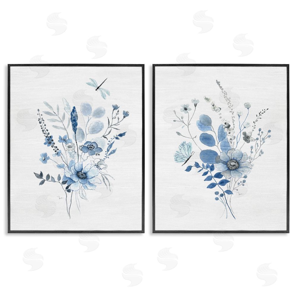 Janet Tava Blue Dragonfly Flower Black Framed Giclee Wall Art Print