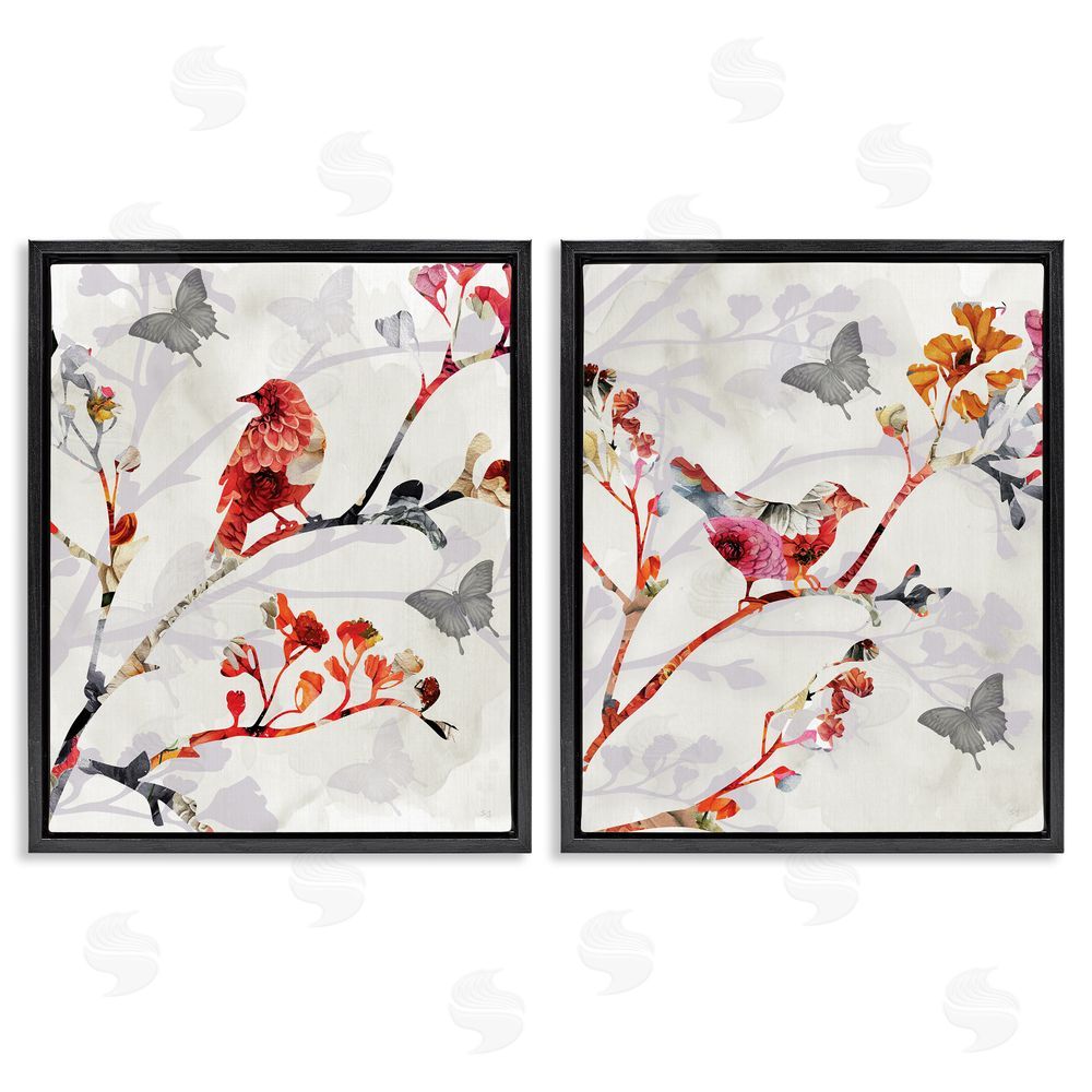 Susan Jill Flower Birds on Branch Black Floating Frame Canvas Wall Art Print