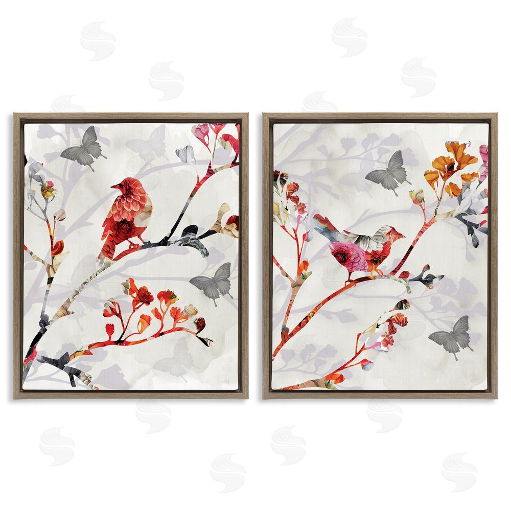 Susan Jill Flower Birds on Branch Brown Floating Frame Canvas Wall Art Print