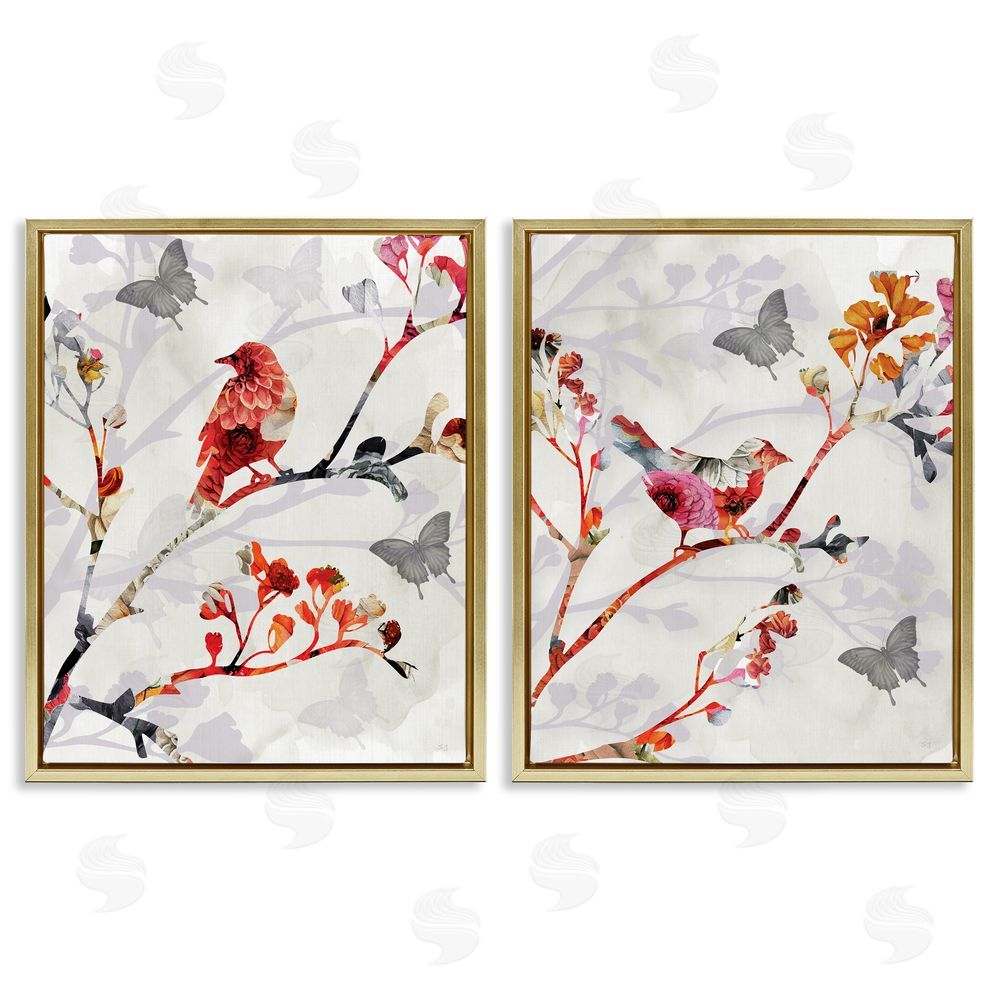 Susan Jill Flower Birds on Branch Gold Floating Frame Canvas Wall Art Print
