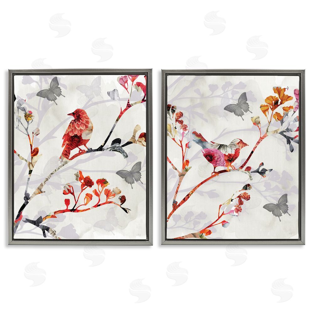 Susan Jill Flower Birds on Branch Gray Floating Frame Canvas Wall Art Print