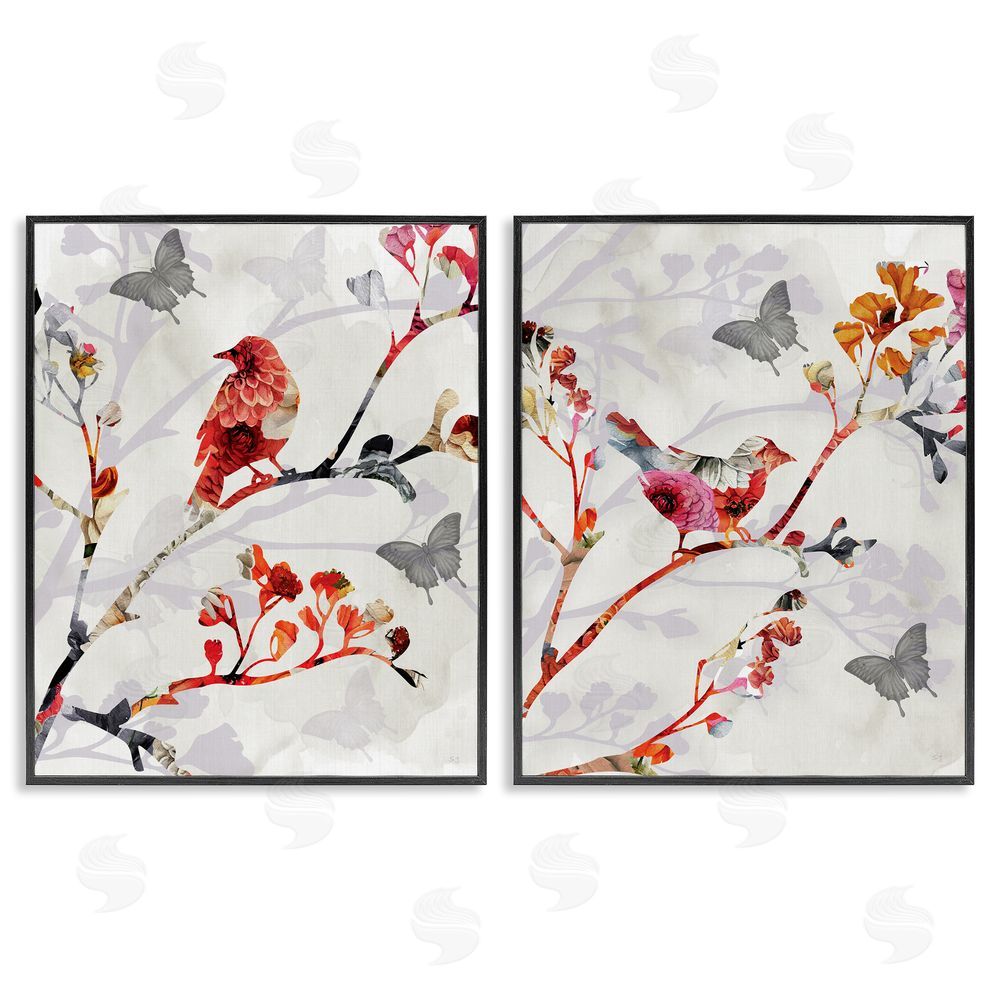 Susan Jill Flower Birds on Branch Black Framed Giclee Wall Art Print
