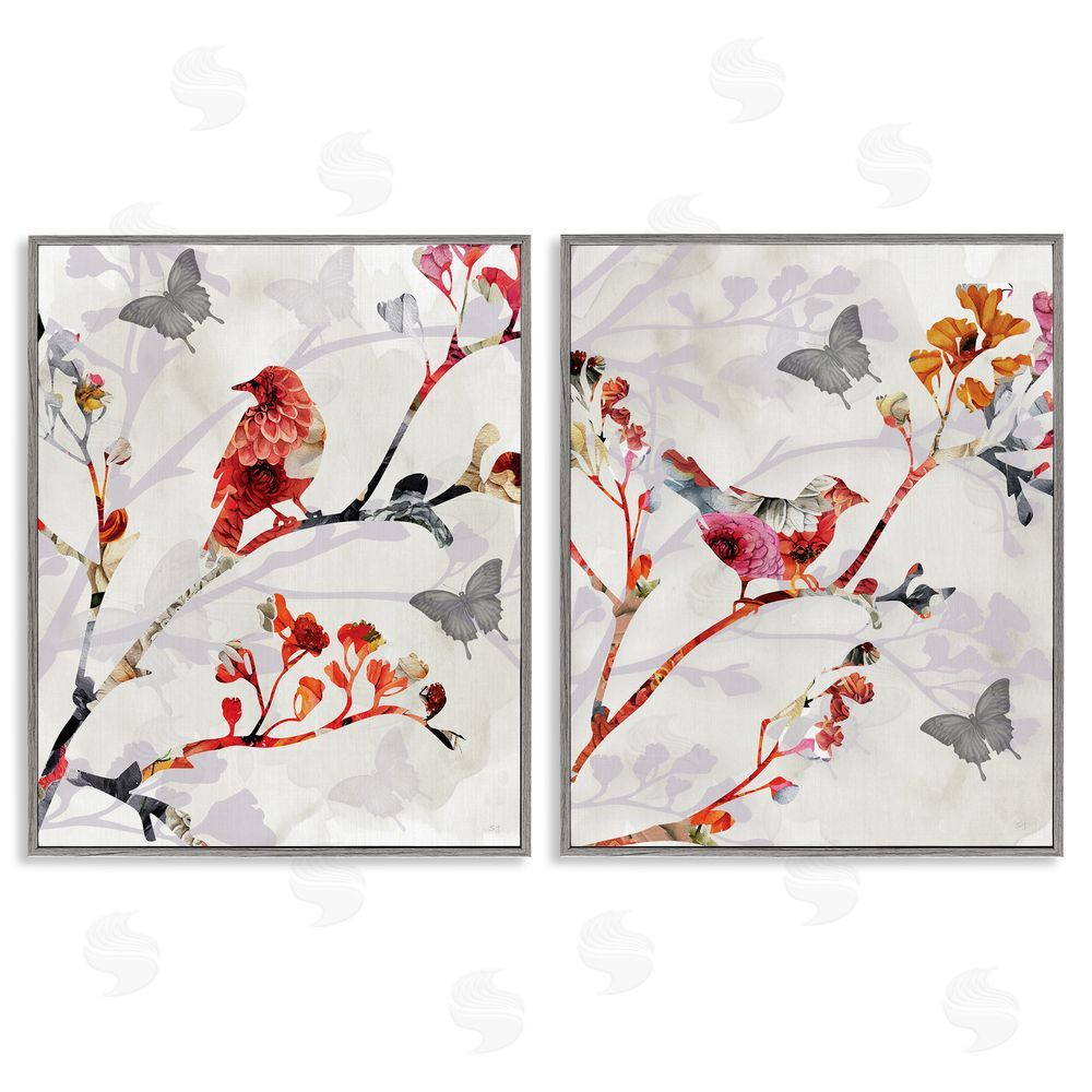 Susan Jill Flower Birds on Branch Gray Framed Giclee Wall Art Print